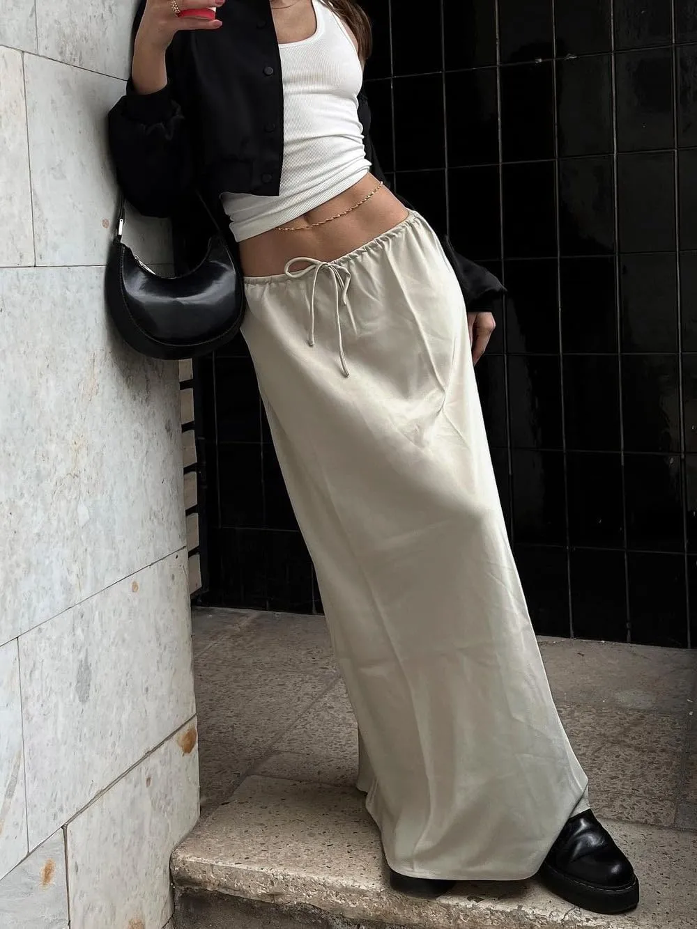 SOLILOQUY Womens Long Skirt Drawstring High Waist Solid Satin Silk Maxi Skirt Elegant A-line Skirts