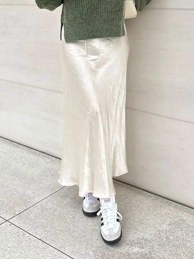 SOLILOQUY Womens Long Skirt Drawstring High Waist Solid Satin Silk Maxi Skirt Elegant A-line Skirts