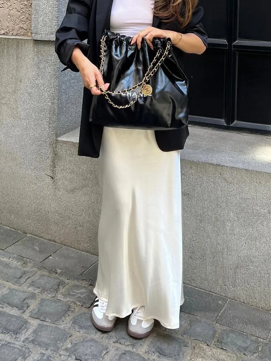 SOLILOQUY Womens Long Skirt Drawstring High Waist Solid Satin Silk Maxi Skirt Elegant A-line Skirts