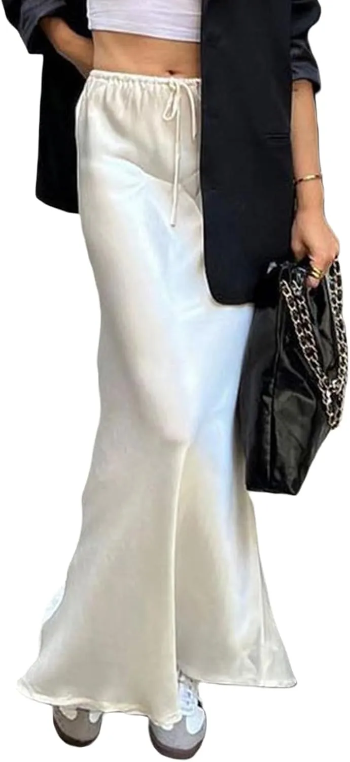 SOLILOQUY Womens Long Skirt Drawstring High Waist Solid Satin Silk Maxi Skirt Elegant A-line Skirts