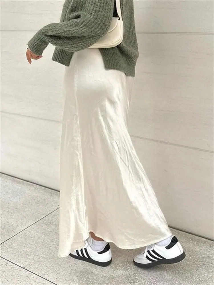 SOLILOQUY Womens Long Skirt Drawstring High Waist Solid Satin Silk Maxi Skirt Elegant A-line Skirts