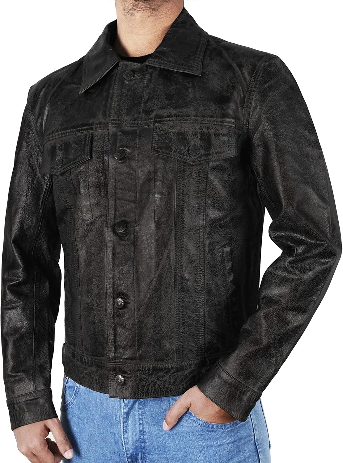 SpazeUp Vintage Trucker Jacket Men Leather Trucker Classic Outerwear - Black Brown