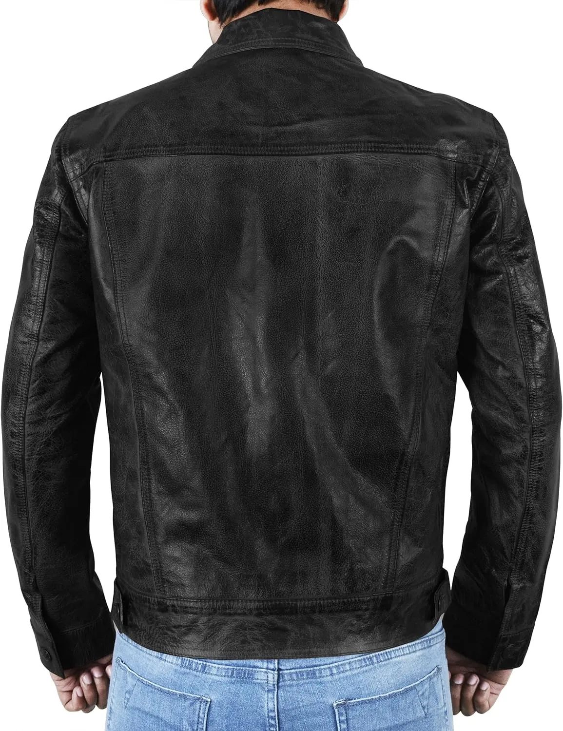 SpazeUp Vintage Trucker Jacket Men Leather Trucker Classic Outerwear - Black Brown