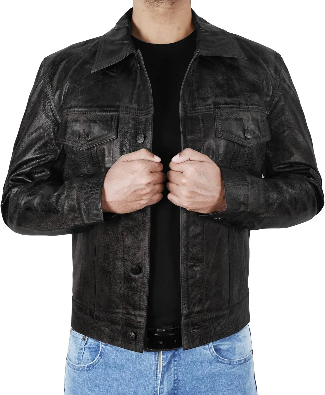 SpazeUp Vintage Trucker Jacket Men Leather Trucker Classic Outerwear - Black Brown