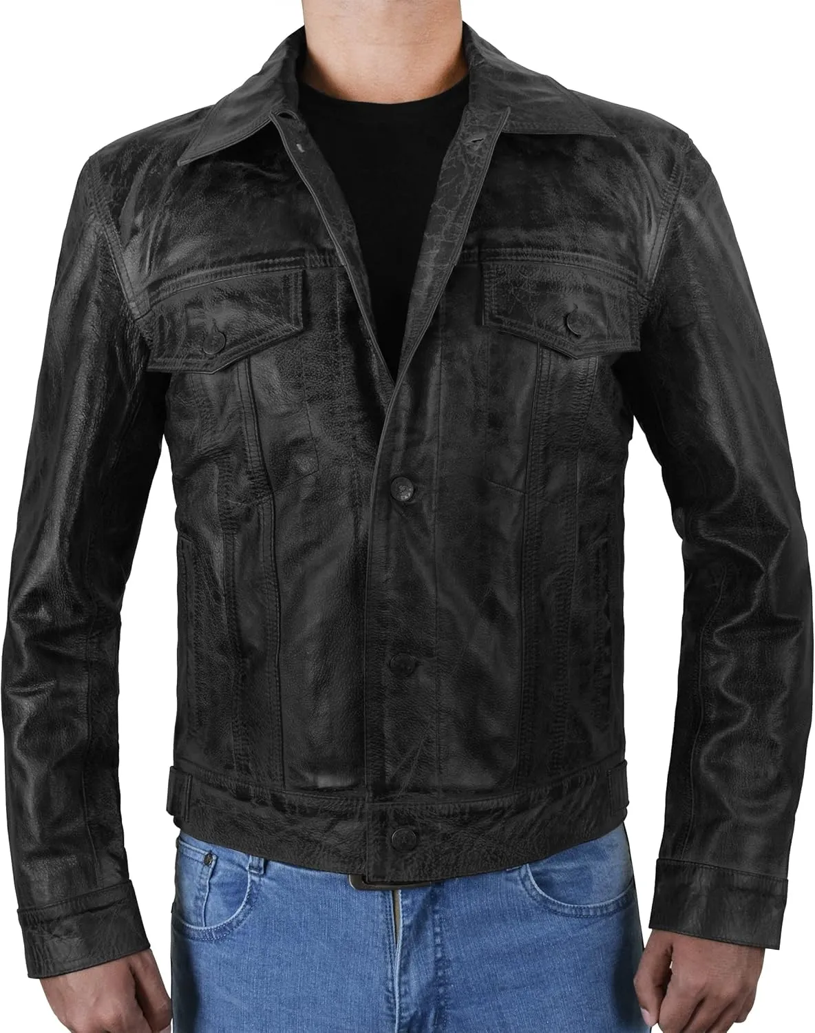 SpazeUp Vintage Trucker Jacket Men Leather Trucker Classic Outerwear - Black Brown