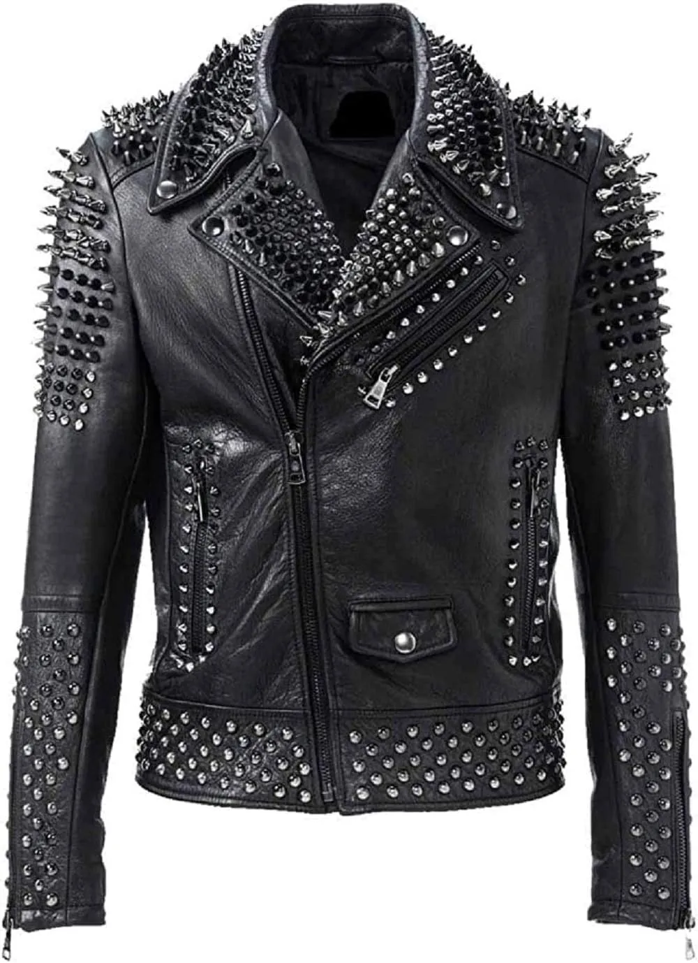 Studded Leather Jacket - Mens Black Brando Spiked Rock Punk Leather Jacket with Spikes