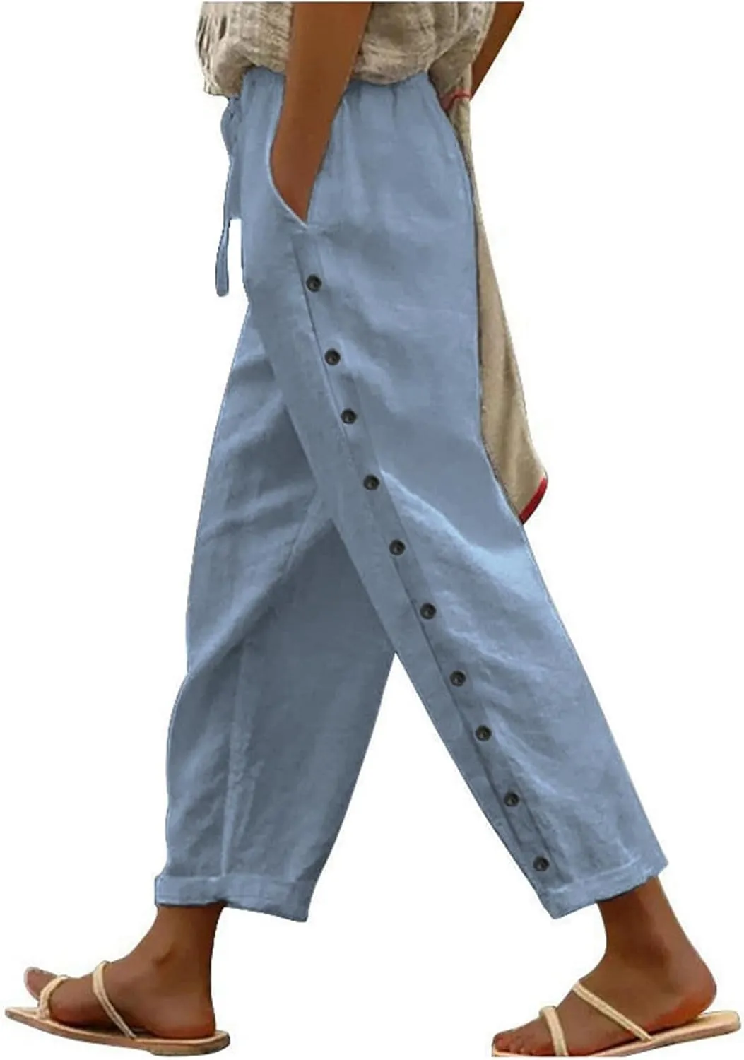 Summer Linen Pants for Women 2025 Trendy Vacation Side Button Elastic Waist Straight Leg Casual Cropped Trousers
