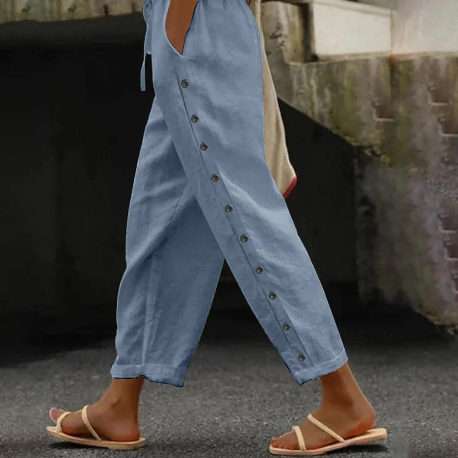 Summer Linen Pants for Women 2025 Trendy Vacation Side Button Elastic Waist Straight Leg Casual Cropped Trousers