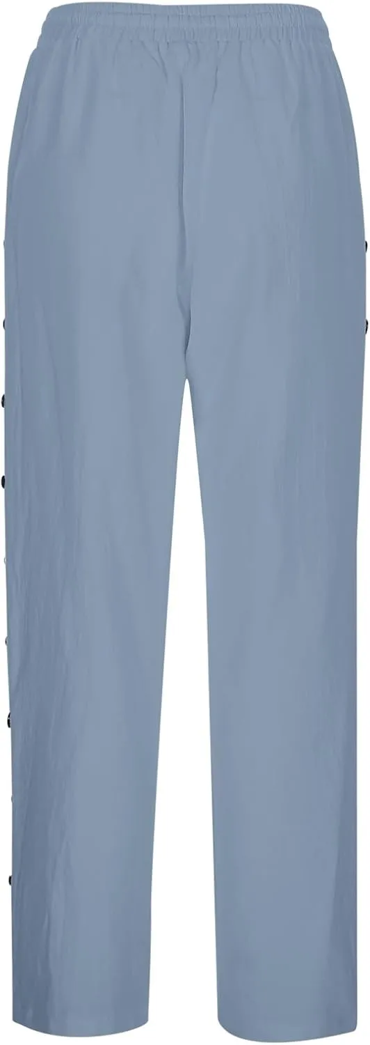 Summer Linen Pants for Women 2025 Trendy Vacation Side Button Elastic Waist Straight Leg Casual Cropped Trousers