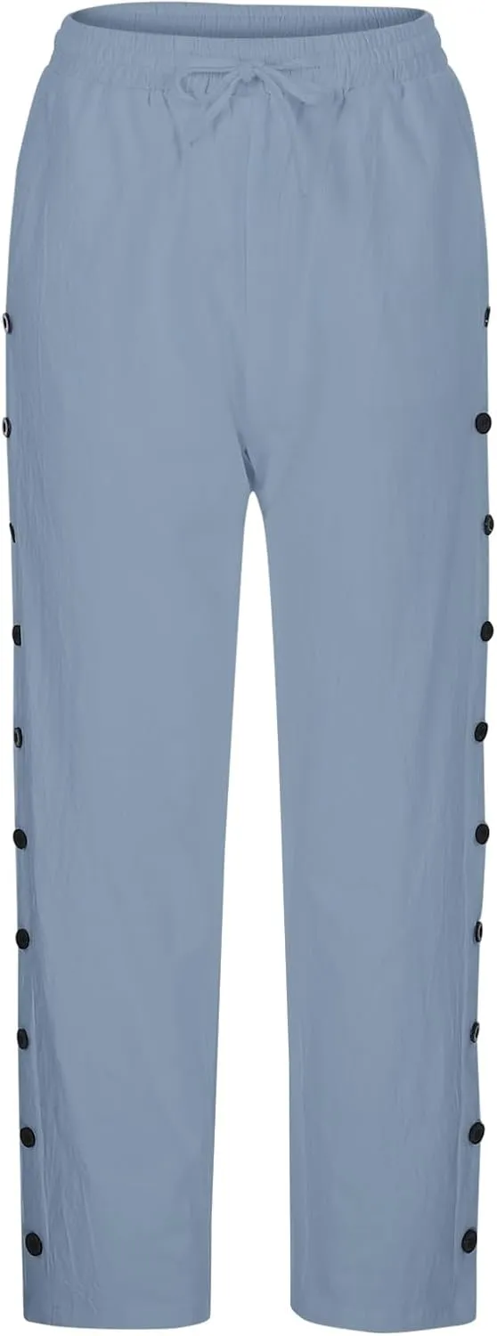 Summer Linen Pants for Women 2025 Trendy Vacation Side Button Elastic Waist Straight Leg Casual Cropped Trousers