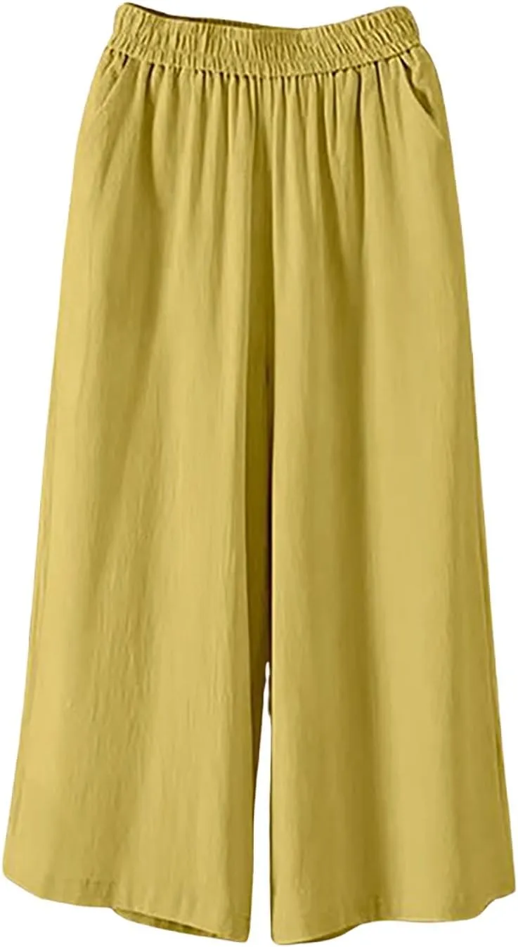 Summer Pants for Women 2025 Plus Size Cotton Linen Pants Loose Fit High Waisted Wide Leg Cropped Pants with Pockets