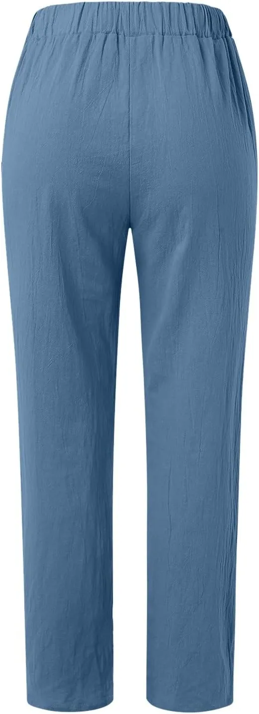 Summer Pants for Women Lightweight Cotton Linen Capri Pants Button Side Elastic Waist Casual Trousers Straight Leg Pants