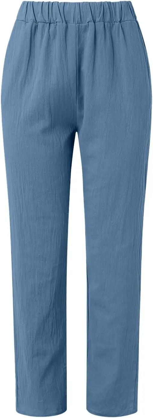 Summer Pants for Women Lightweight Cotton Linen Capri Pants Button Side Elastic Waist Casual Trousers Straight Leg Pants