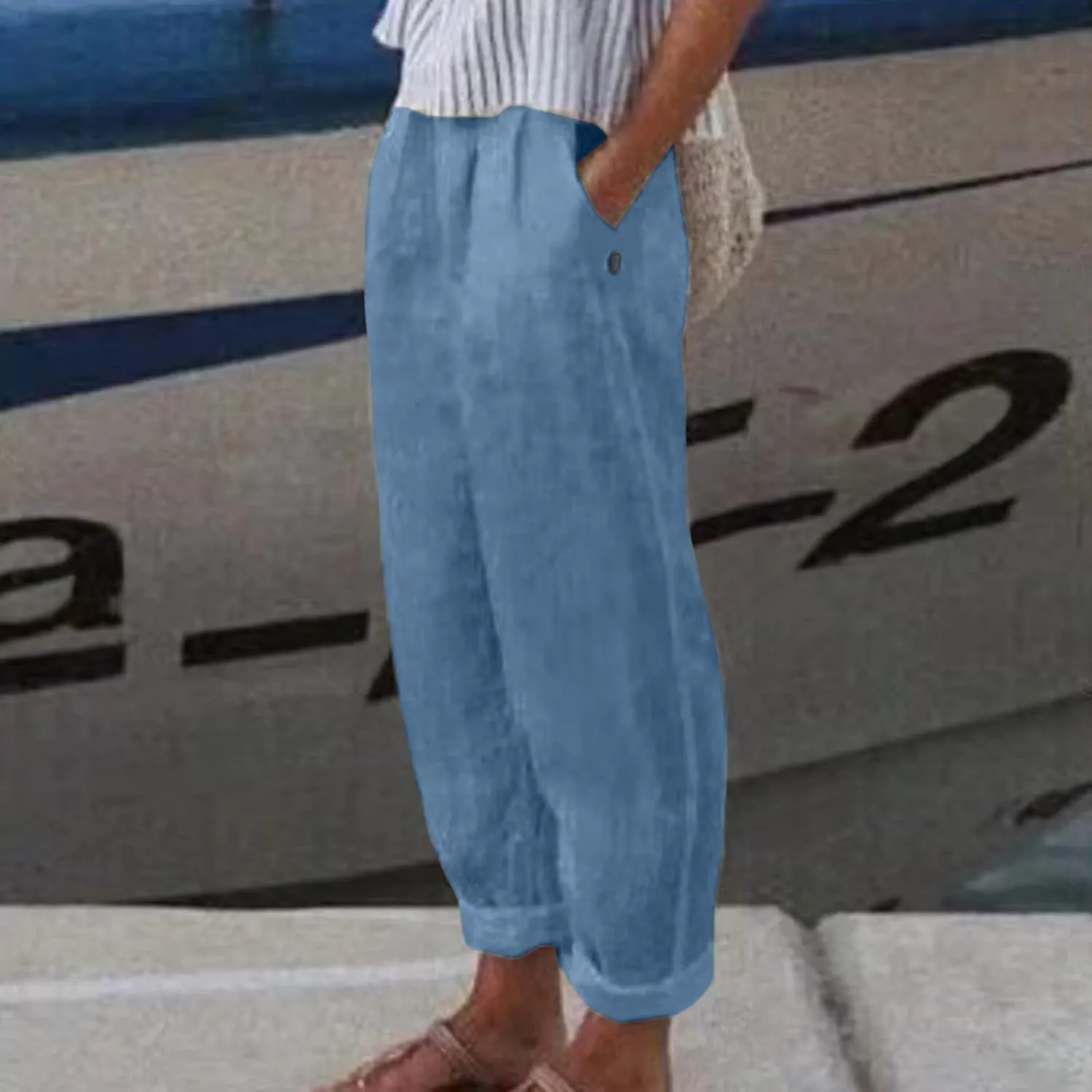 Summer Pants for Women Lightweight Cotton Linen Capri Pants Button Side Elastic Waist Casual Trousers Straight Leg Pants