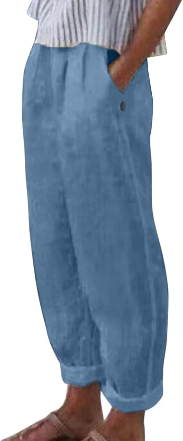 Summer Pants for Women Lightweight Cotton Linen Capri Pants Button Side Elastic Waist Casual Trousers Straight Leg Pants