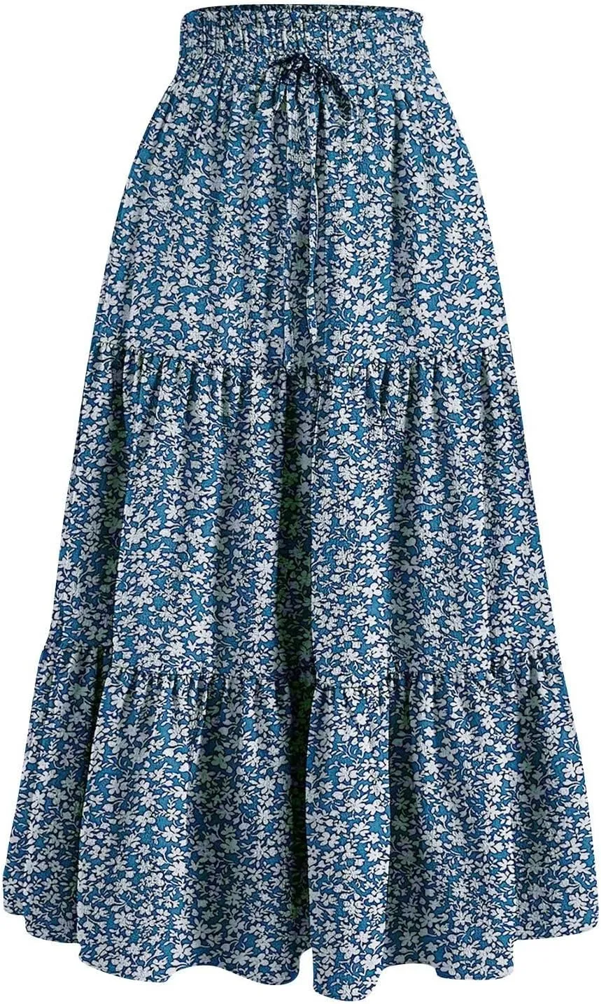 Tiered Floral Maxi Skirts for Women Trendy Elastic High Waisted Flowy Long Skirt Summer Boho Beach A Line Skirt