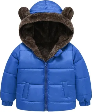Toddler Boys Girls Fleece Jacket Solid Color Bear Ears Cute Hooded Pocket Short Cotton Padded Coat Kids Jacket