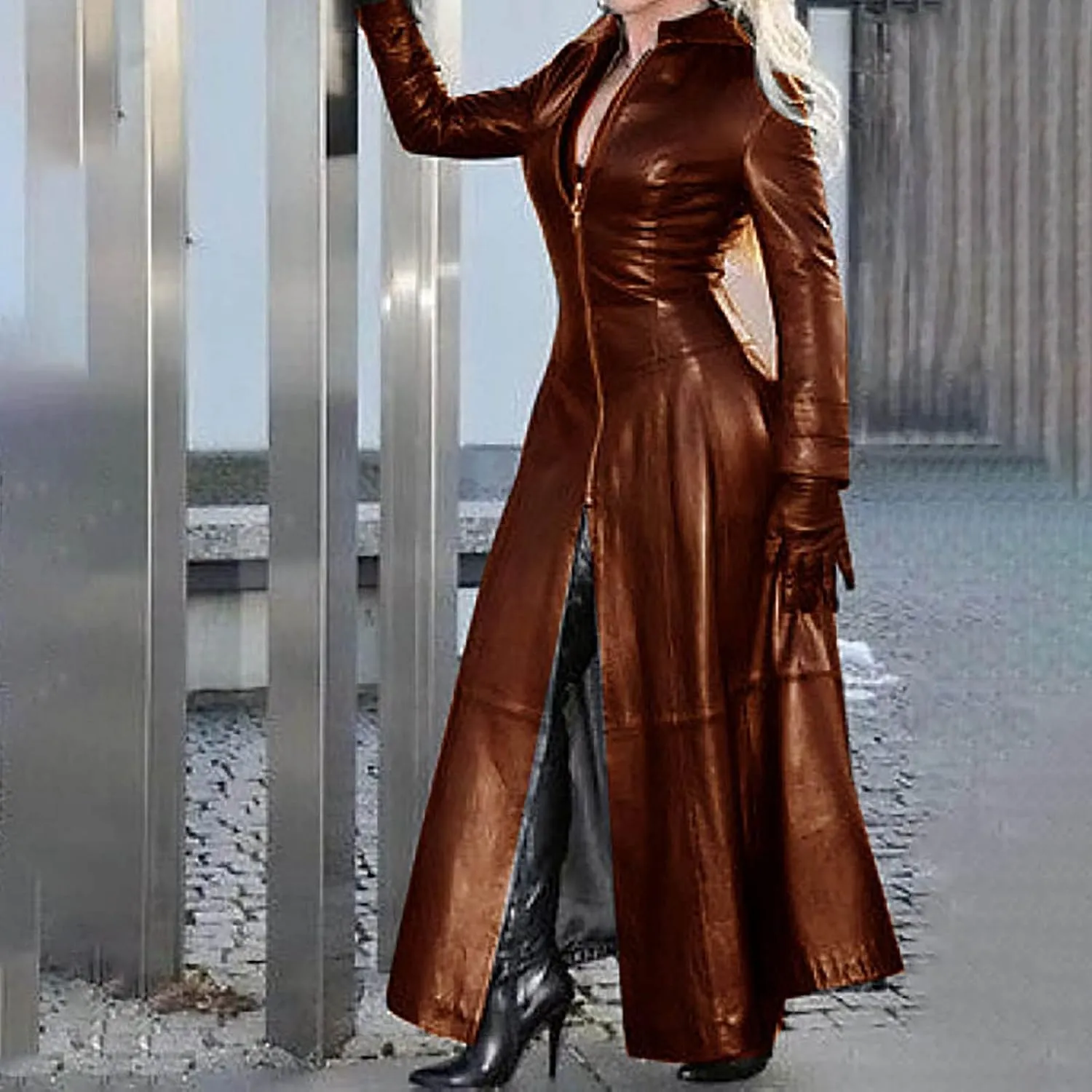 tuduoms Womens Faux Leather Trench Coat Fashion Sexy Zip Up Motocycle Long Jackets Windbreaker Slim Fit Maxi Winter Over Coat