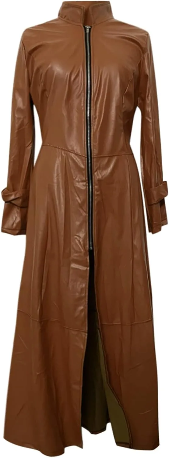 tuduoms Womens Faux Leather Trench Coat Fashion Sexy Zip Up Motocycle Long Jackets Windbreaker Slim Fit Maxi Winter Over Coat