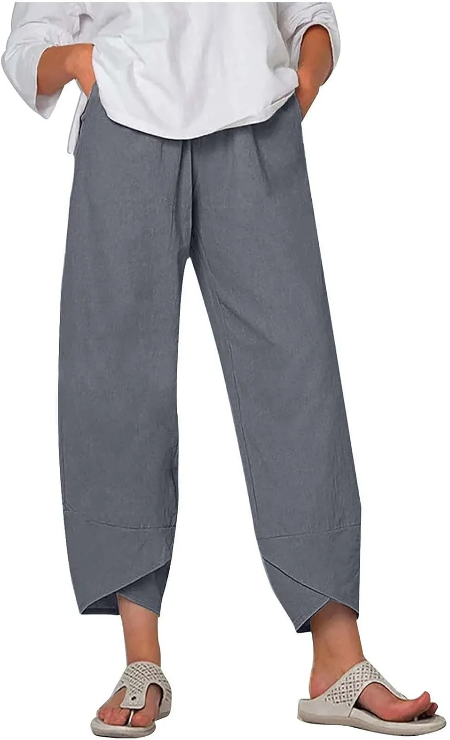 Tulip Hem Capri Pants for Women Wide Leg Cotton Linen Pants Summer Flowy Capris Casual Cropped Trousers with Pockets