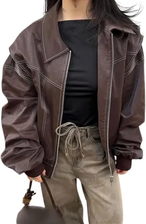utcoco Women's Faux Leather Motorcycle Jacket Oversized Zip Up Winter Coat Outerwear 2025 Fall Fashion Clothes