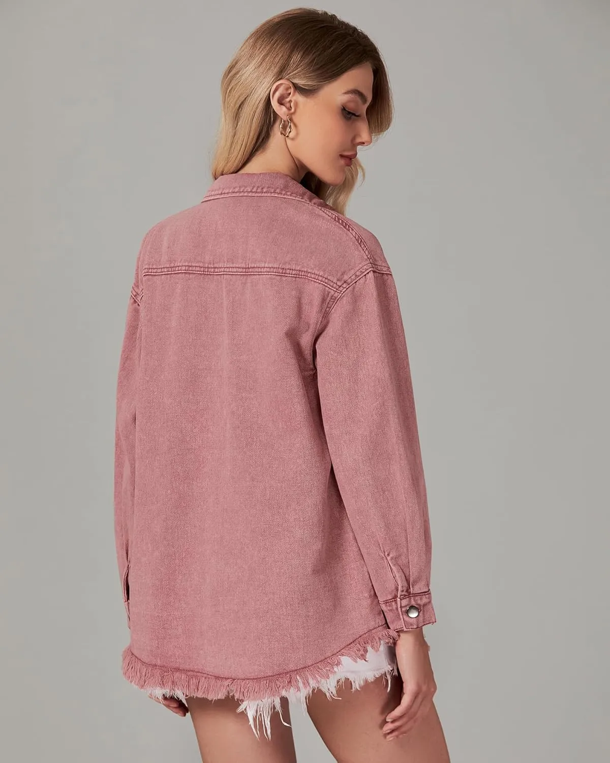 Vetinee Womens Oversized Button Up Frayed Hem Shacket Long Sleeve Pockets Denim Jean Jacket