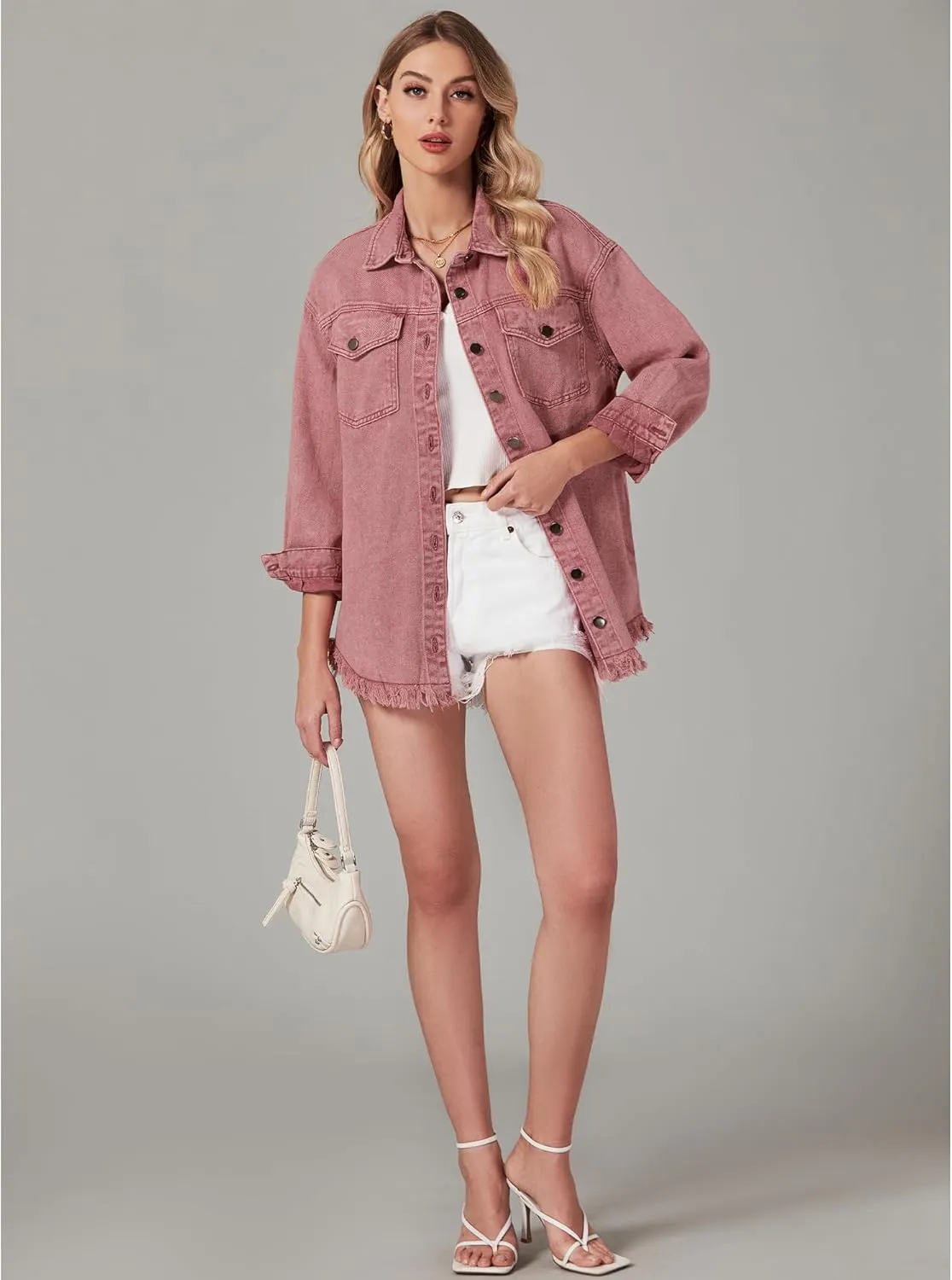 Vetinee Womens Oversized Button Up Frayed Hem Shacket Long Sleeve Pockets Denim Jean Jacket