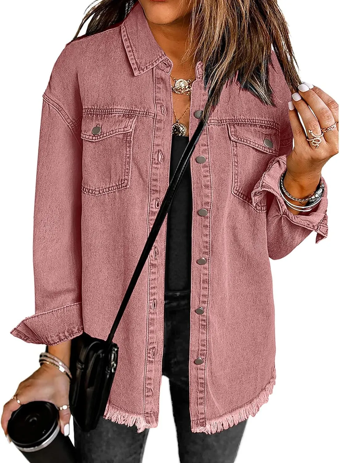 Vetinee Womens Oversized Button Up Frayed Hem Shacket Long Sleeve Pockets Denim Jean Jacket