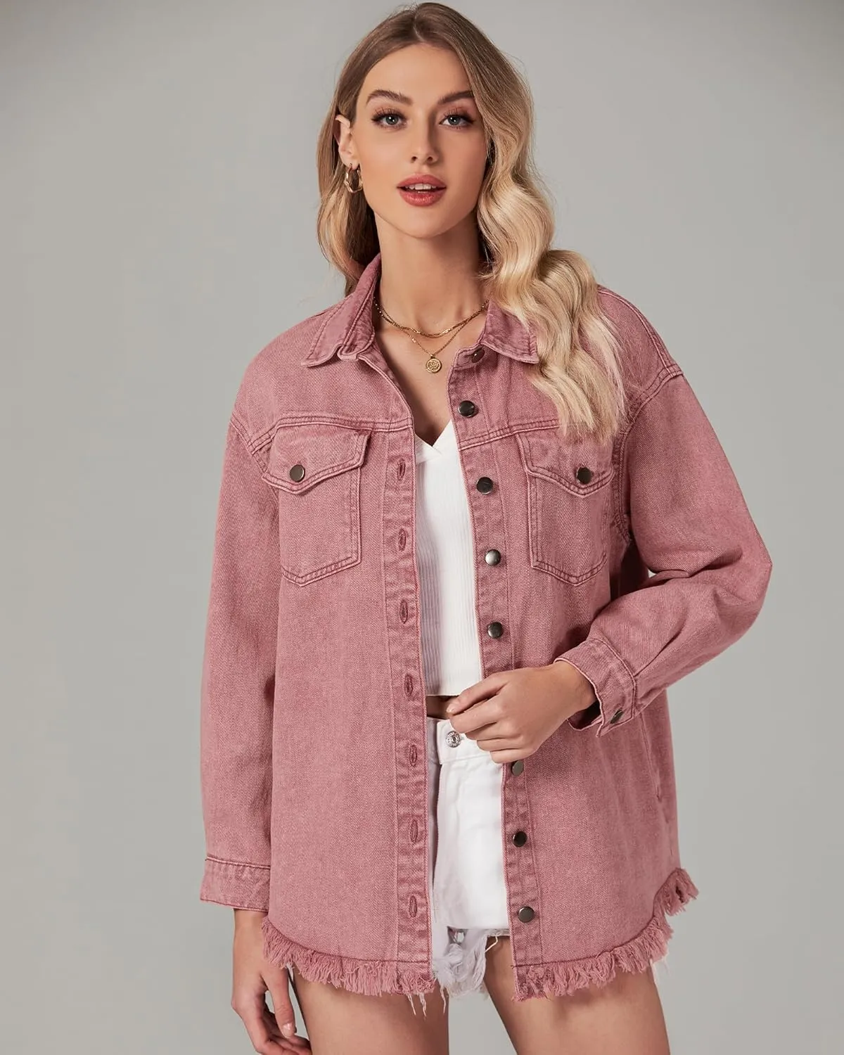 Vetinee Womens Oversized Button Up Frayed Hem Shacket Long Sleeve Pockets Denim Jean Jacket