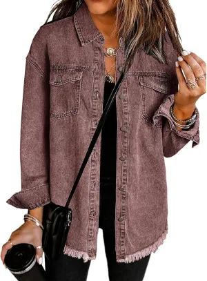 Vetinee Womens Oversized Button Up Frayed Hem Shacket Long Sleeve Pockets Denim Jean Jacket