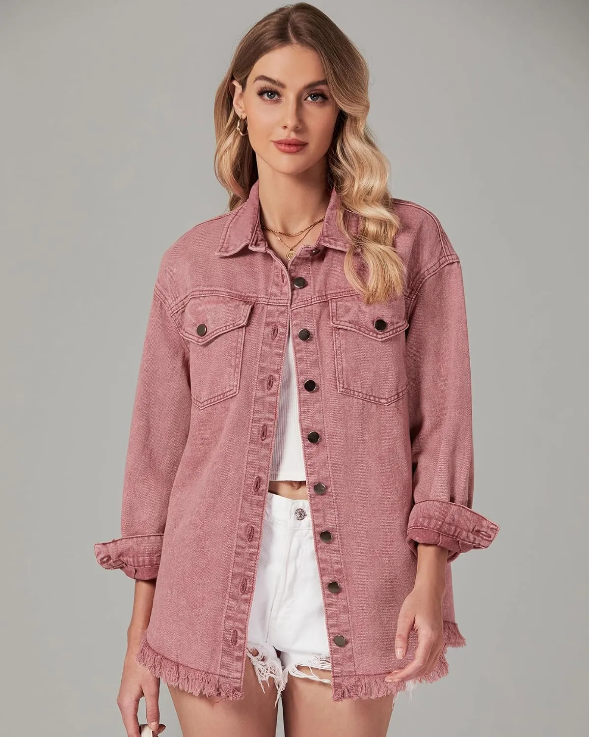 Vetinee Womens Oversized Button Up Frayed Hem Shacket Long Sleeve Pockets Denim Jean Jacket