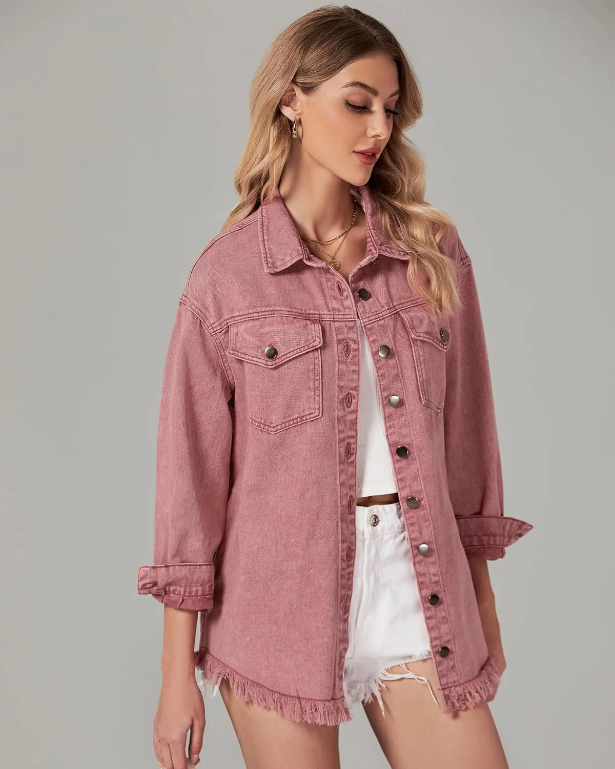 Vetinee Womens Oversized Button Up Frayed Hem Shacket Long Sleeve Pockets Denim Jean Jacket
