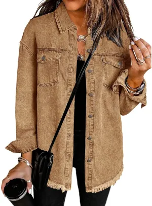 Vetinee Womens Oversized Button Up Frayed Hem Shacket Long Sleeve Pockets Denim Jean Jacket