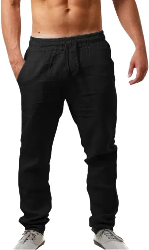 Vickyleb Linen Pants Men Slim Fit Cotton Pants Casual Drawstring Elastic Waist Summer Beach Pleated Chinos Pants for Men
