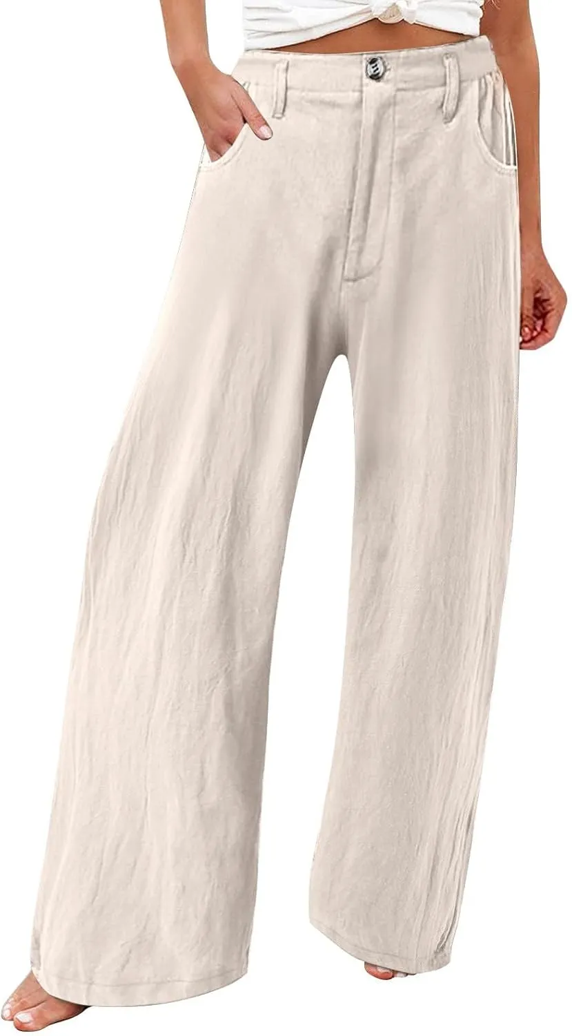 Wide Leg Dress Pants for Women Business Casual High Waisted Linen Palazzo Pants Casual Summer Work Trousers w/Pockets