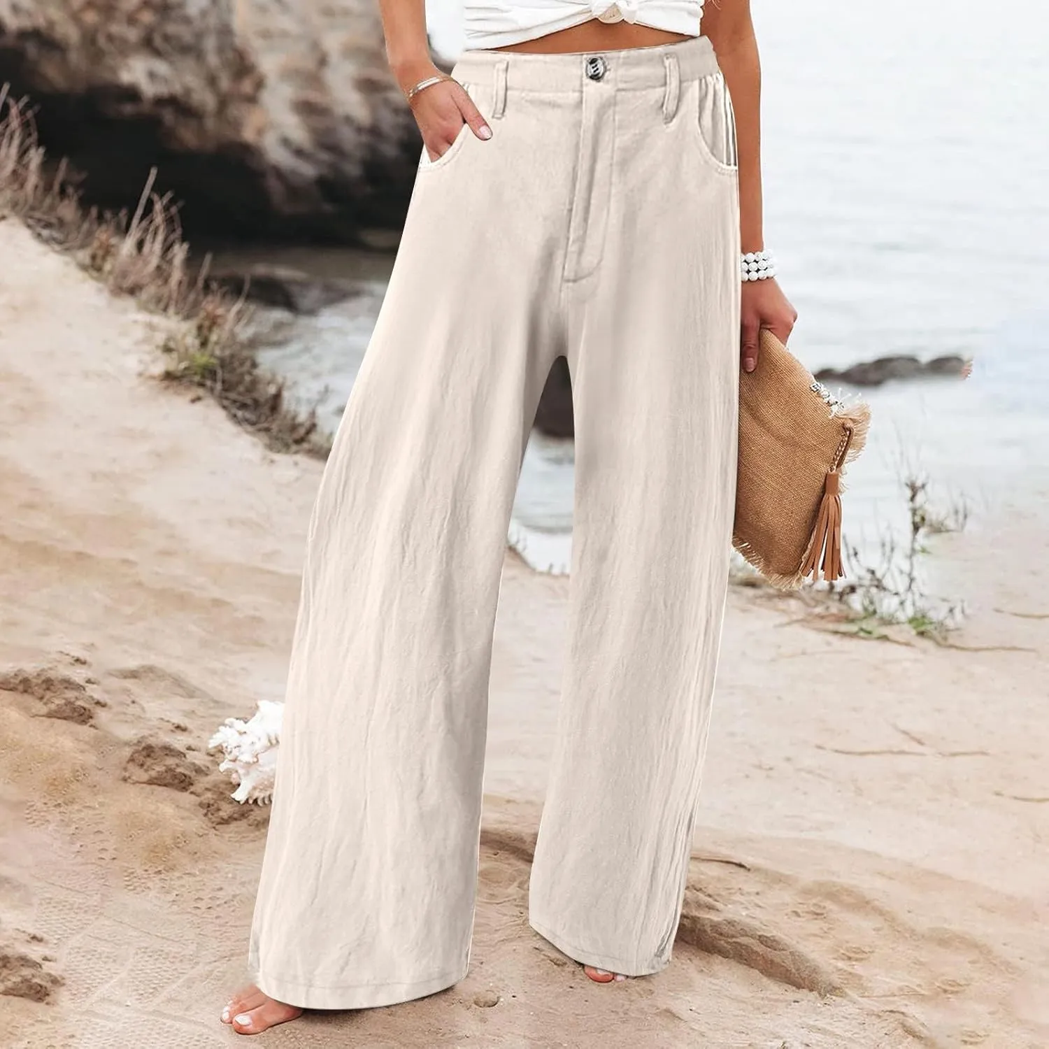 Wide Leg Dress Pants for Women Business Casual High Waisted Linen Palazzo Pants Casual Summer Work Trousers w/Pockets