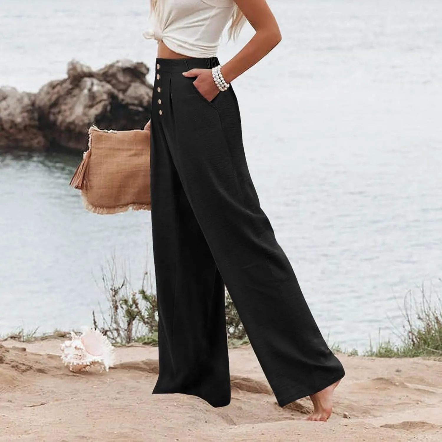 Wide Leg Dress Pants Women Business Casual High Waisted Pants Office Button Down Pleated Work Trousers with Pockets
