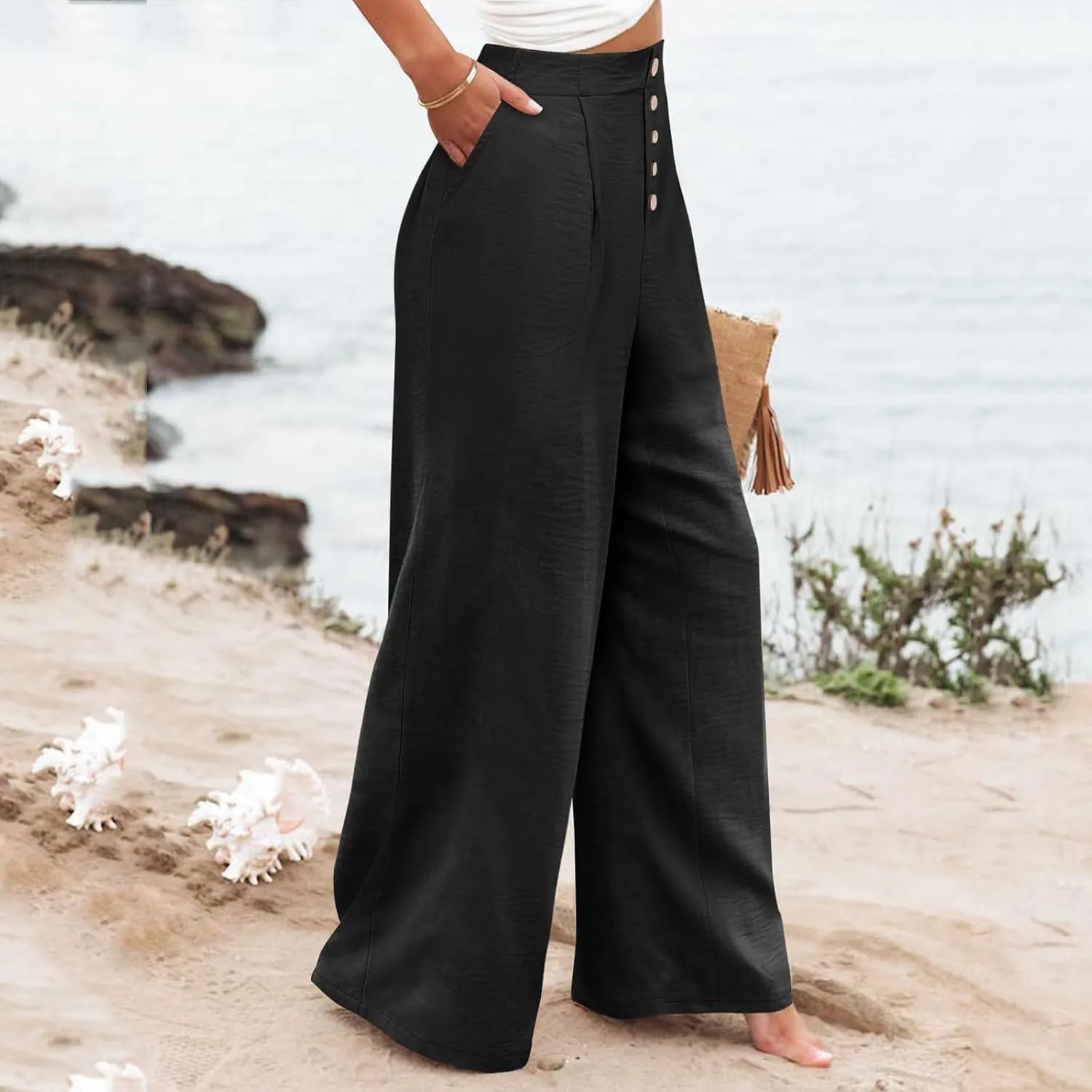 Wide Leg Dress Pants Women Business Casual High Waisted Pants Office Button Down Pleated Work Trousers with Pockets
