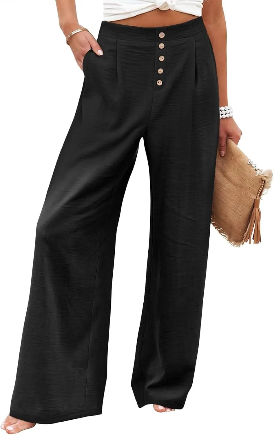 Wide Leg Dress Pants Women Business Casual High Waisted Pants Office Button Down Pleated Work Trousers with Pockets