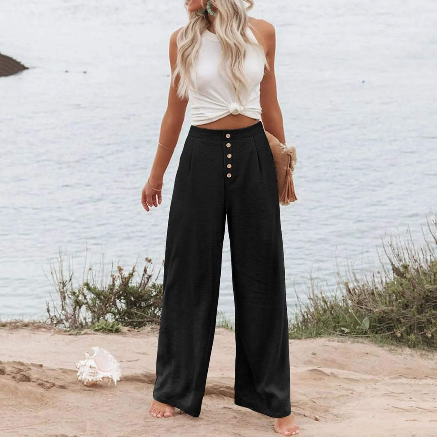 Wide Leg Dress Pants Women Business Casual High Waisted Pants Office Button Down Pleated Work Trousers with Pockets