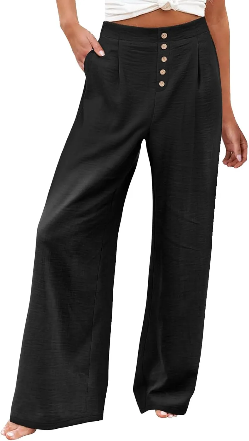 Wide Leg Dress Pants Women Business Casual High Waisted Pants Office Button Down Pleated Work Trousers with Pockets