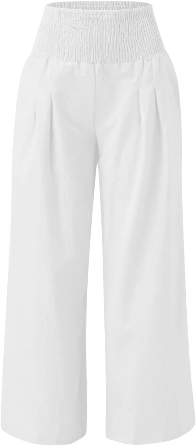 Wide Leg Linen Pants for Women Summer High Waisted Pant Palazzo Lounge Trousers Boho Beach Drawstring Pants with Pocket