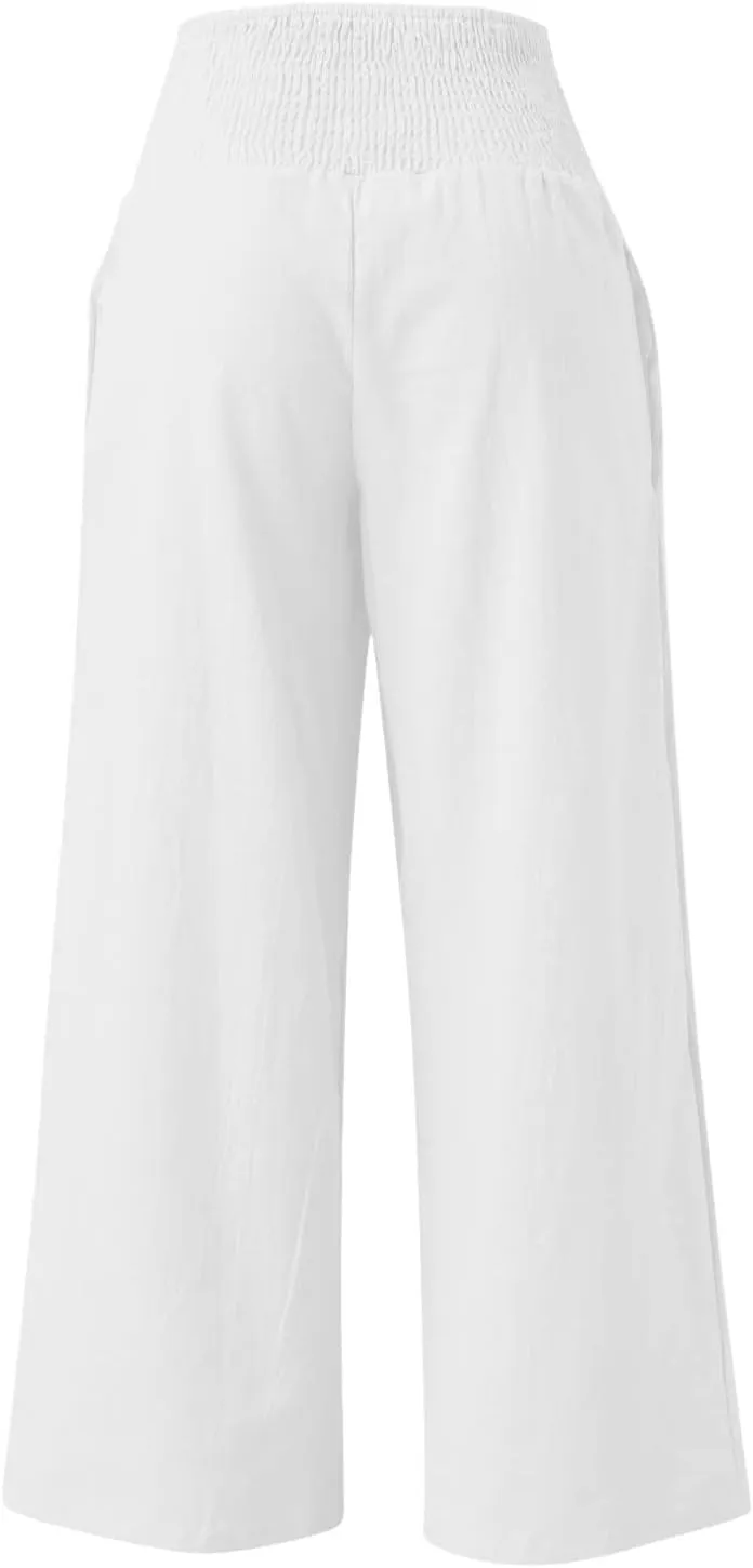 Wide Leg Linen Pants for Women Summer High Waisted Pant Palazzo Lounge Trousers Boho Beach Drawstring Pants with Pocket