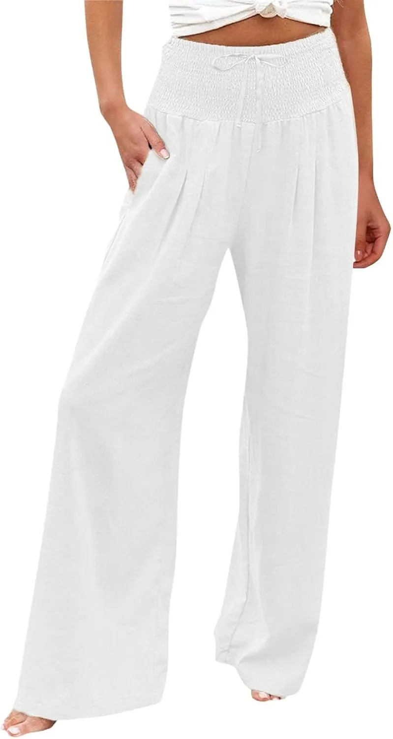 Wide Leg Linen Pants for Women Summer High Waisted Pant Palazzo Lounge Trousers Boho Beach Drawstring Pants with Pocket