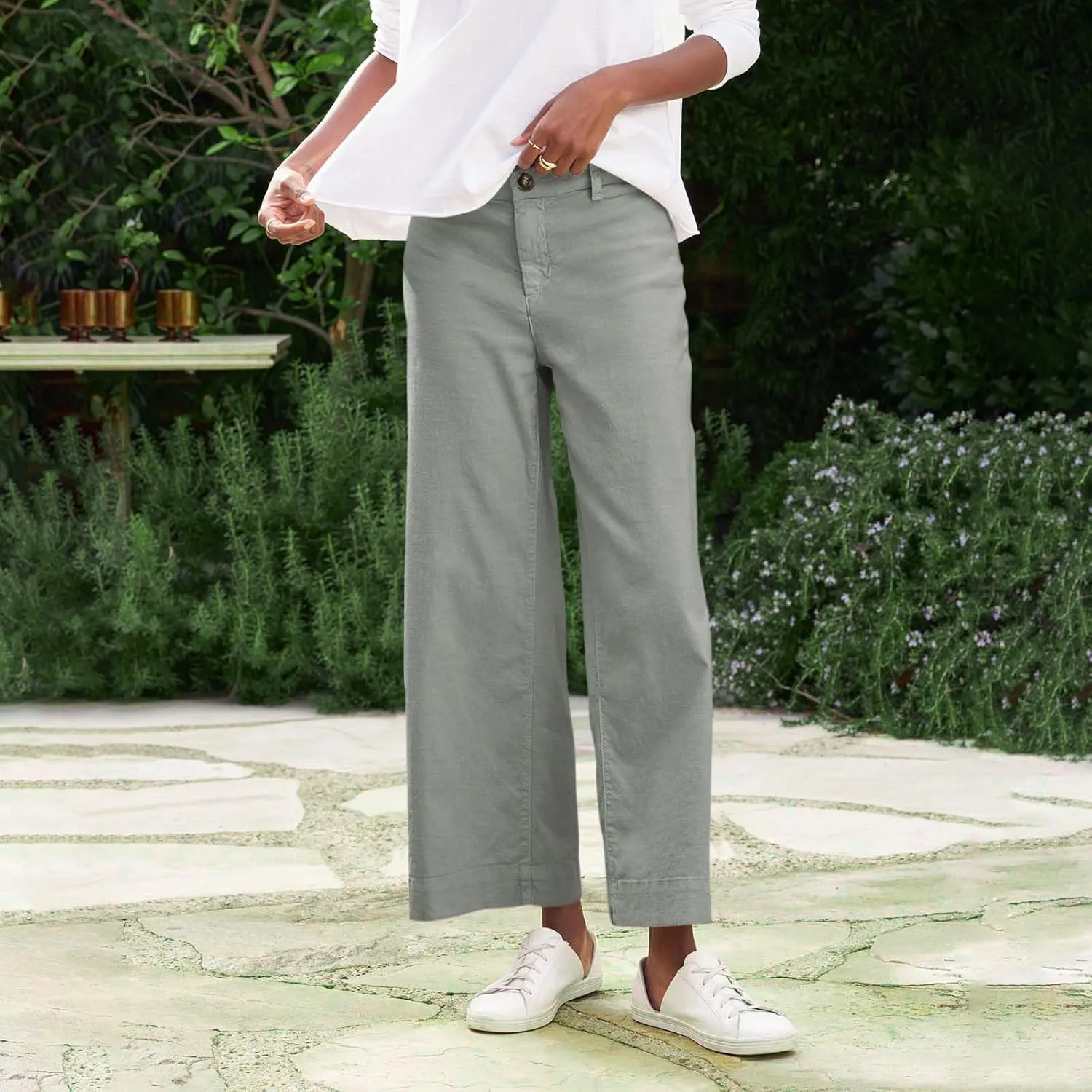 Wide Leg Linen Pants Women Cropped Elastic High Waisted Dress Pants Business Casual Comfy Work Pants with Pockets