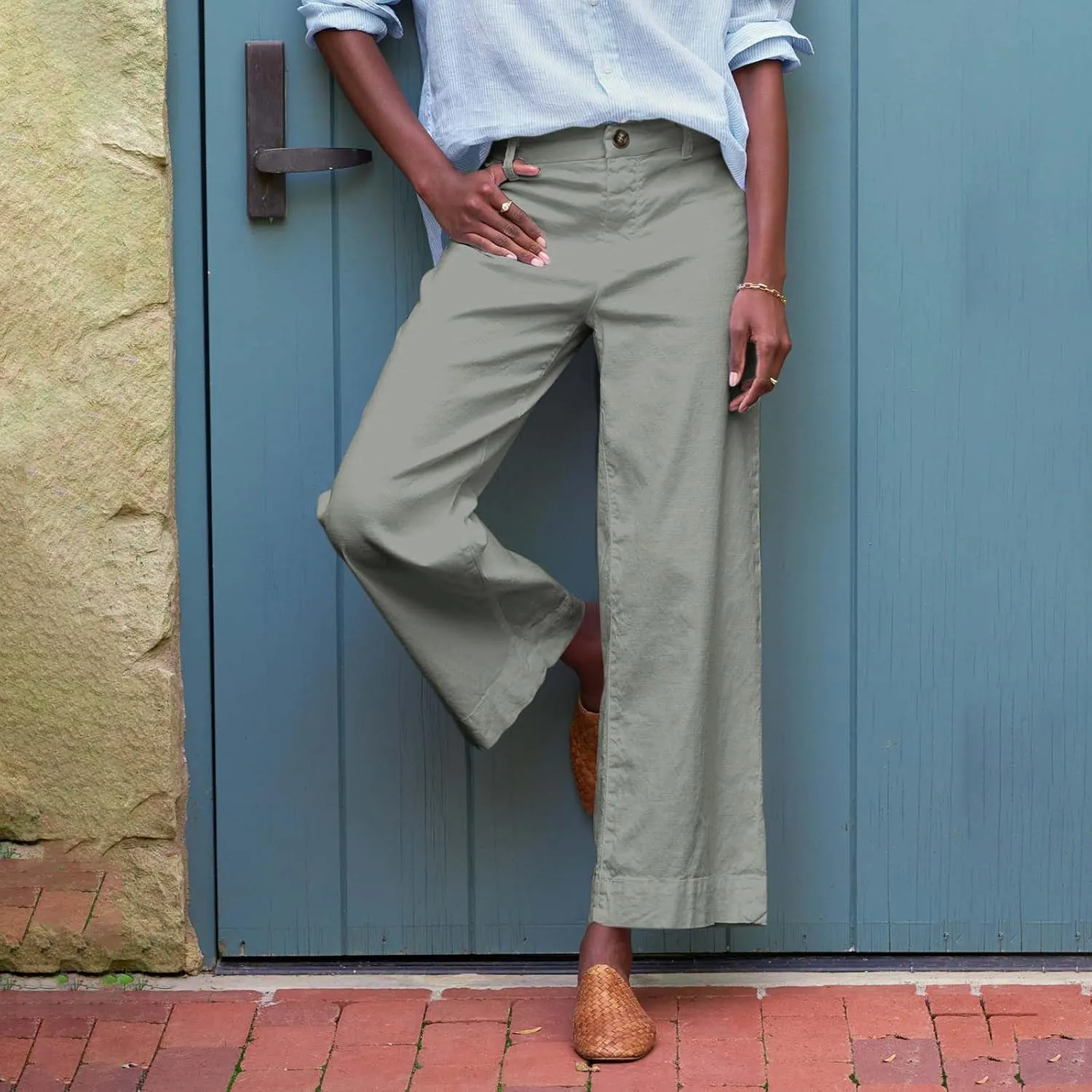 Wide Leg Linen Pants Women Cropped Elastic High Waisted Dress Pants Business Casual Comfy Work Pants with Pockets