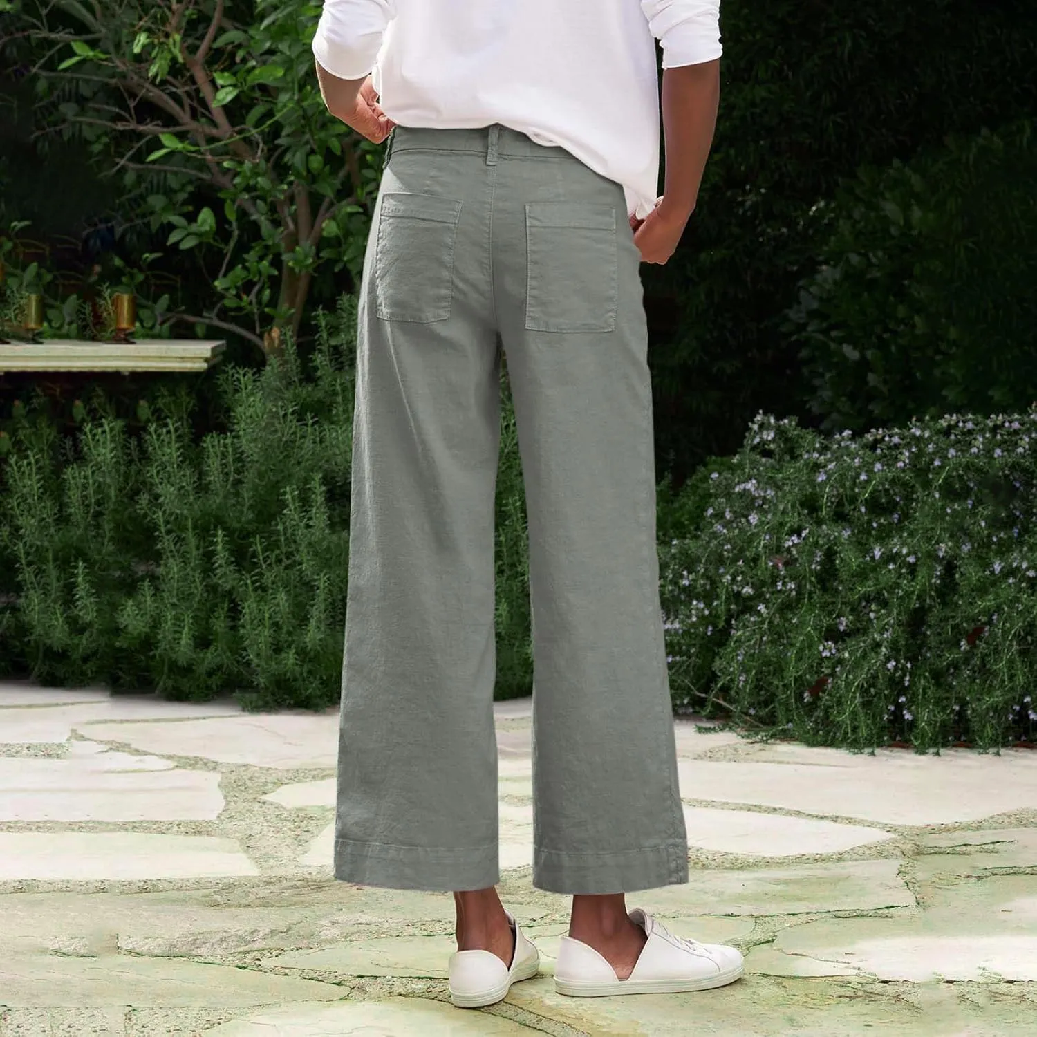 Wide Leg Linen Pants Women Cropped Elastic High Waisted Dress Pants Business Casual Comfy Work Pants with Pockets