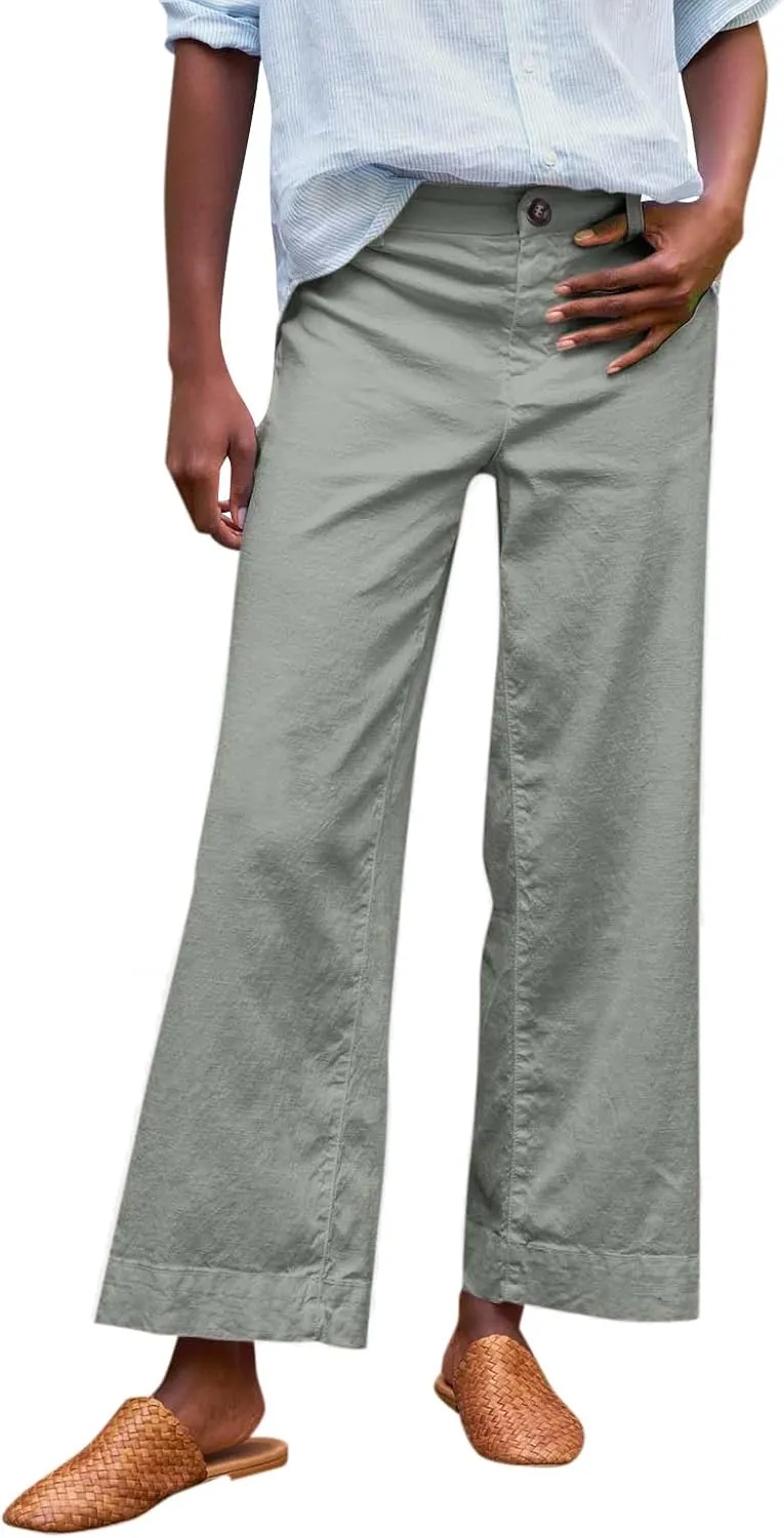 Wide Leg Linen Pants Women Cropped Elastic High Waisted Dress Pants Business Casual Comfy Work Pants with Pockets