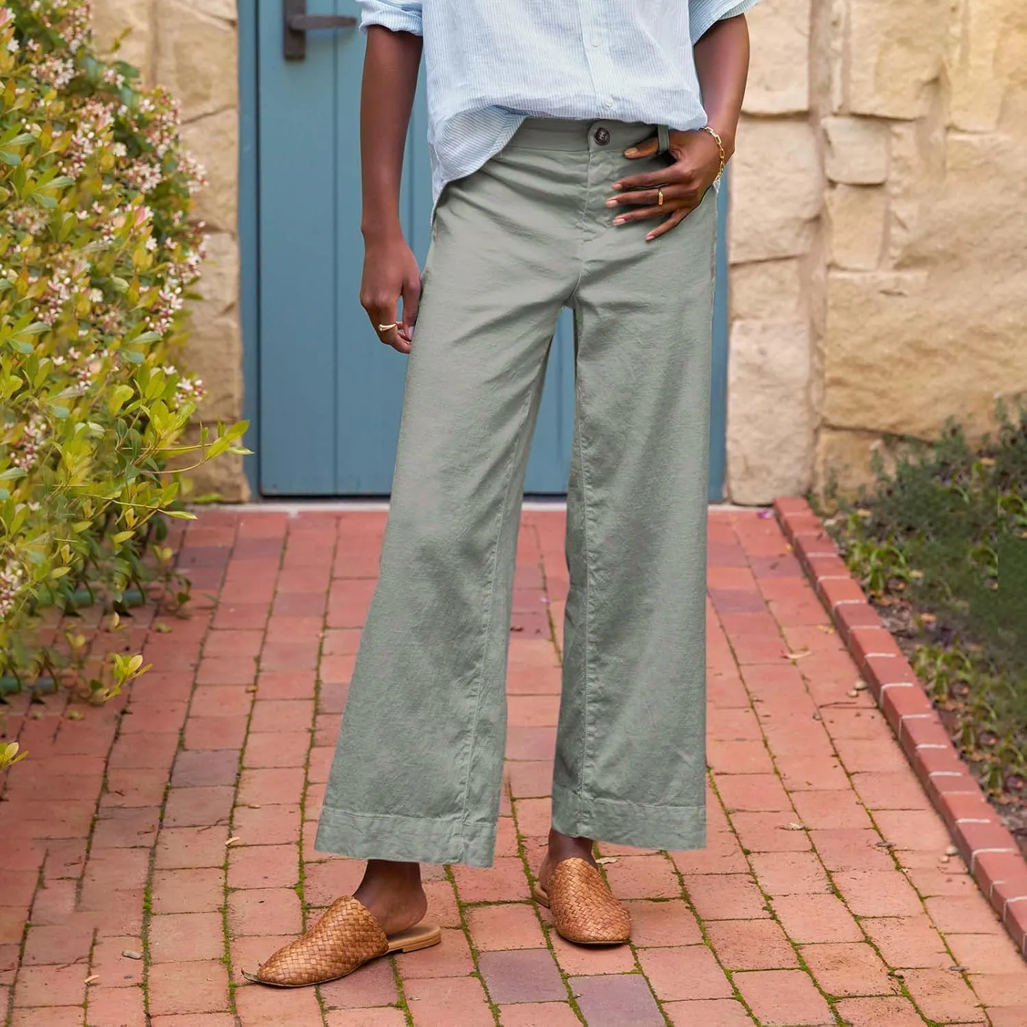 Wide Leg Linen Pants Women Cropped Elastic High Waisted Dress Pants Business Casual Comfy Work Pants with Pockets