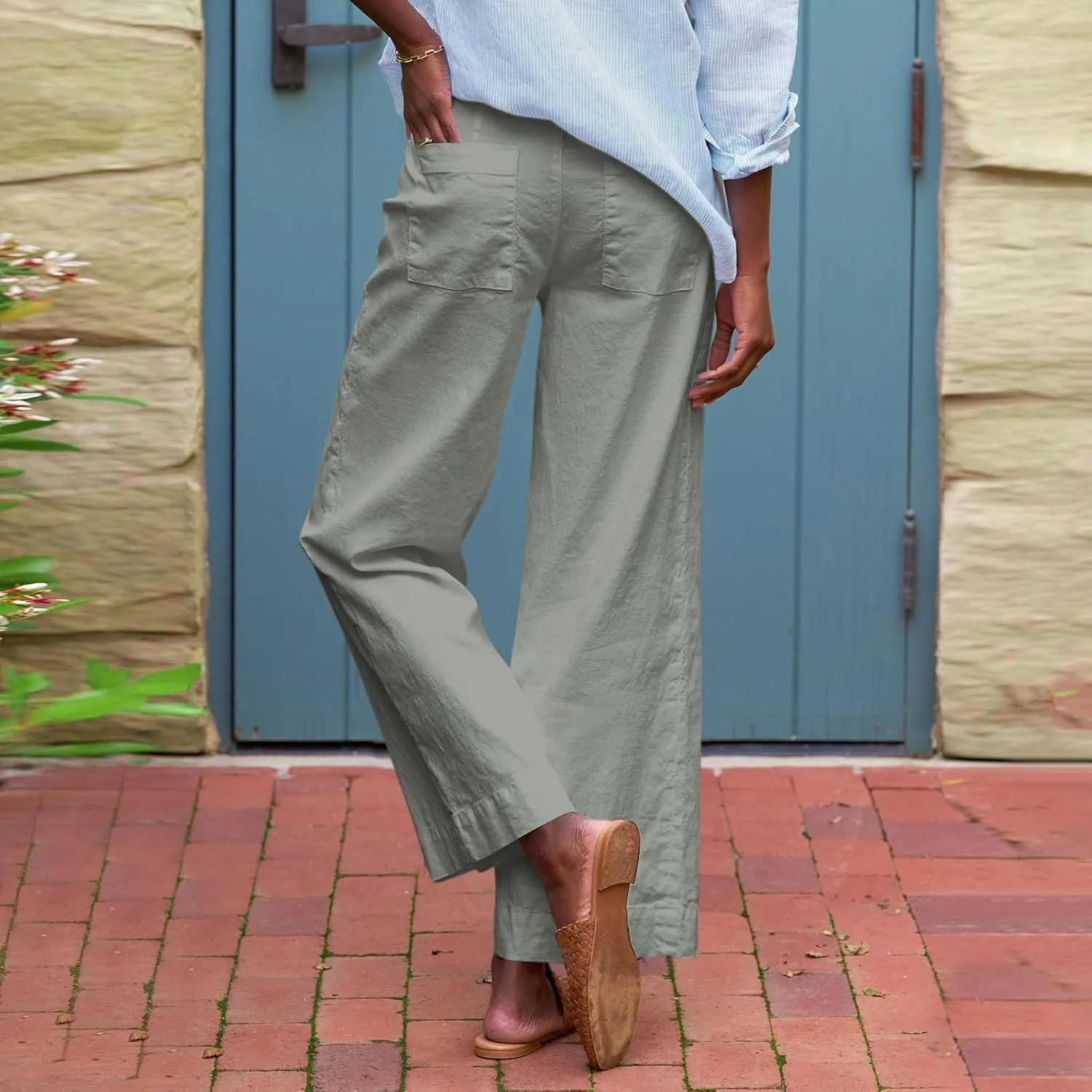 Wide Leg Linen Pants Women Cropped Elastic High Waisted Dress Pants Business Casual Comfy Work Pants with Pockets